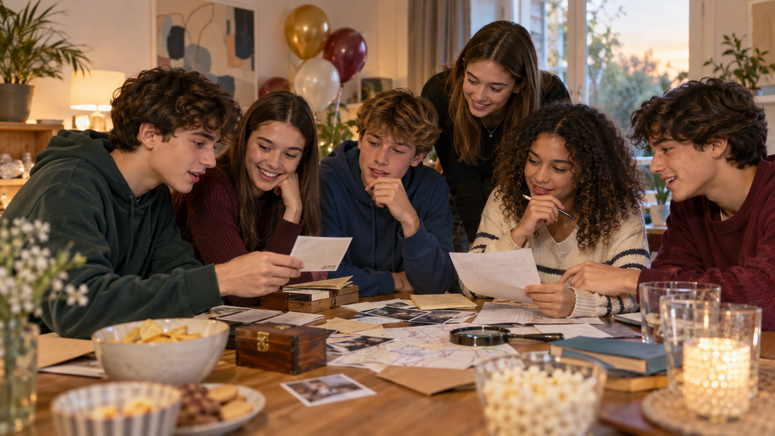 Adolescents participant à un jeu d’enquête pendant un anniversaire à la maison